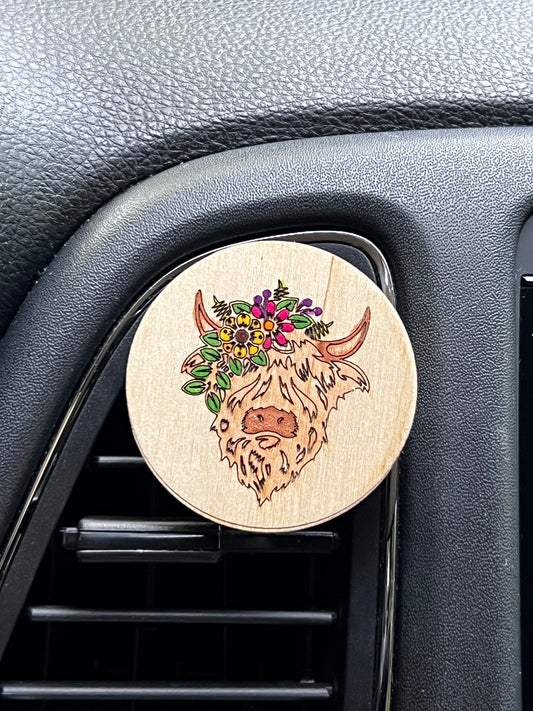 Highland Cow With Flowers Car Air Freshener/ Diffuser  for Essential Oils | Car Vent Clip