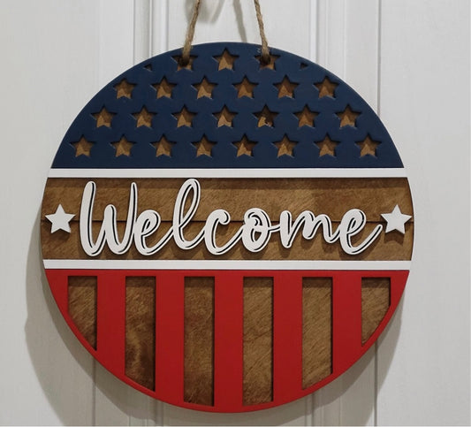 Patriotic Welcome Round Door Hanger Sign, July 4th Door Decor, Stars and Stripes, Independence Day Porch Sign